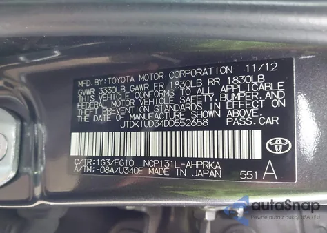 2013 Toyota Yaris Le from USA, damaged, VIN JTDKTUD34DD552658
